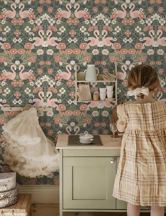 Heroad Vintage Peel and Stick Wallpaper Floral Flamingo Contact Paper Sage Green William Morris Wall Paper Removable Renter Friendly Wallpaper for Bedroom Nursery Farmhouse Vinyl Rolls 17.3''X 196'' - Image 8