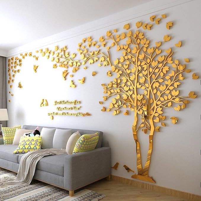 Family Tree Wall Decor Decals - DIY 3D Tree of Life Wall Art Large Decal Stickers Silver Decor Living Room Mural for Bedroom Hallway Home TV Background (Gold Right,L-118X60in) - Image 2