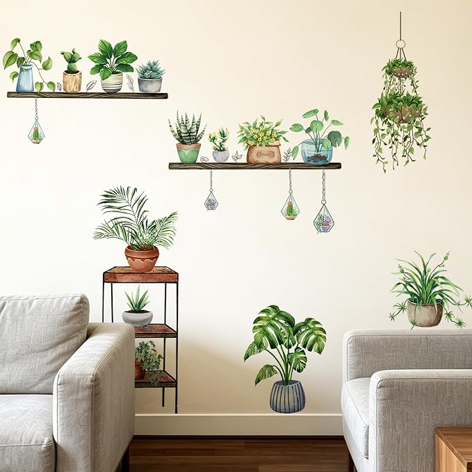 3D Hanging Potted Green Plant Shelf Wall Decals - Peel and Stick, Tropical Succulent and Floral Wall Stickers, Removable, Nature Wall Art Mural - for Living Room, Kitchen, Office, and Home Decor - Image 6