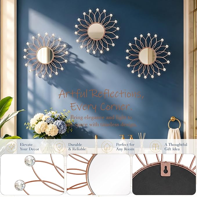 3 Pack Metal Mirrors for Wall Sunburst Wall Mirrors Home Décor Decorative Hanging Wall Art for Living Room Bedroom Entryway (Rose Gold2 Crystal, Flowers) - Image 3