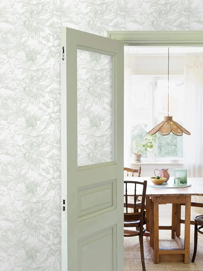 Ismoon Large Floral Peel and Stick Wallpaper Boho White and Green Contact Paper 17.3inx16.3ft Modern Wall Paper Removable Self Adhesive Vinyl Wallpaper for Bedroom Cabinet Bathroom Mural Wall Decor - Image 5