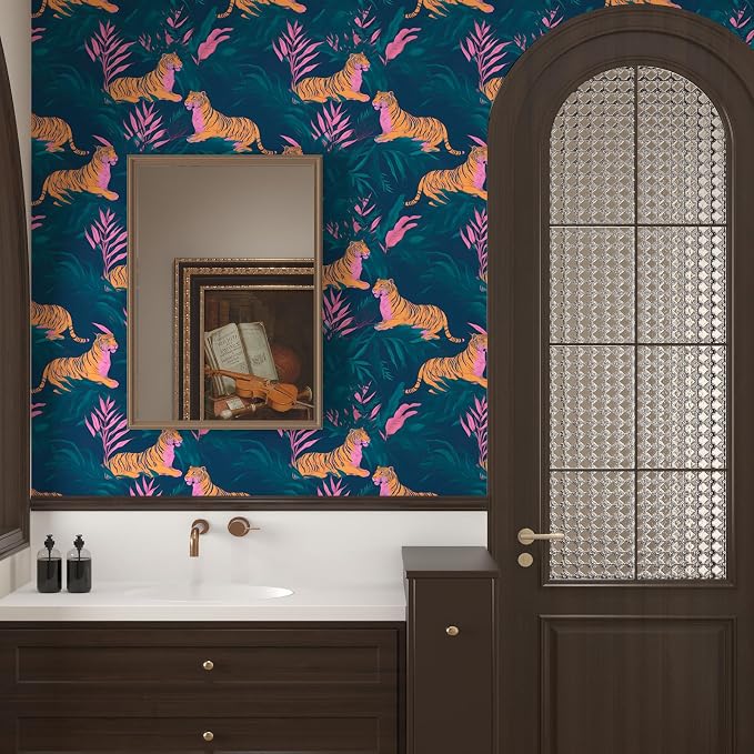 BOKEBEVE Tropical Tiger Wallpaper Peel and Stick Green Pink 17.5 x 393.5In | Extra Long Removable Renter Friendly Jungle Tiger Wall Paper for Bedroom Bathroom Living Room Feature Accent Wall - Image 2