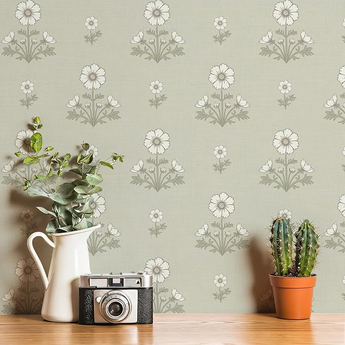 Vintage Floral Wallpaper Floral Peel and Stick Wallpaper for Bathroom 78.7"×17.3" Daisy Wall Paper White and Green Cottagecore Contact Paper for Nursery Kitchen Self-Adhesive Vinyl Waterproof by Fiula