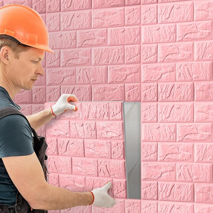 Colarr 60 Pcs 58 Sq ft 3D Wall Panels Peel and Stick Faux Foam 3D Brick Wallpaper Faux Paneling Adhesive Wall Covering Panels Decorative Medieval Tiles Waterproof for Bedroom(Pink) - Image 6