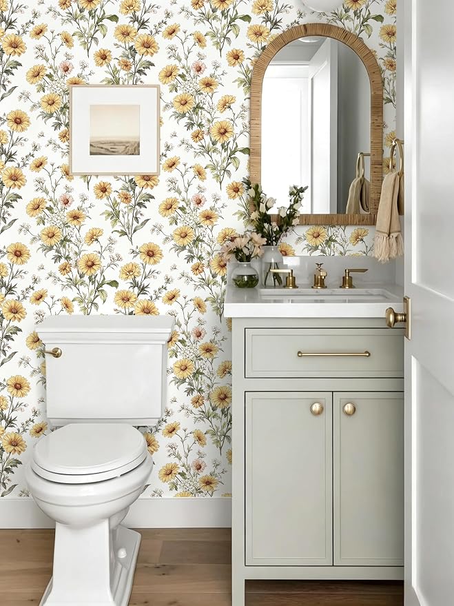 Livebor Daisy Floral Peel and Stick Wallpaper for Bathroom 16.9in x118.1in | Floral Contact Paper Yellow Daisy Flower Wallpaper Waterproof Flower Boho Self Adhesive Removable Wall Paper Decor Vinyl - Image 6