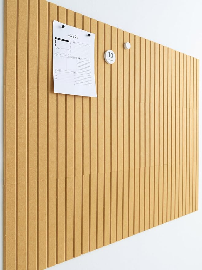 VIVELDA Large Felt Bulletin Board 48 x 36 Inch - 12-Pack Square Acoustic Wall Panels, Cork Board Alternative, NRC 0.95, Damage-Free Adhesive, Slatted Design for Home, Classroom (Mustard) by VIVELDA%C2%AE