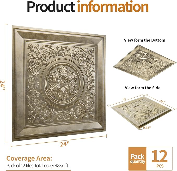 WOWSTAR 12-Pack 24"x24" Drop Ceiling Tiles, Vintage Style Waterproof Glue up Ceiling Panels Decor, Antique Gold | PVC ceiling panels, 24"x24", waterproof, glue-up install, basement kitchen bathroom, 12-pack, set B - Image 4