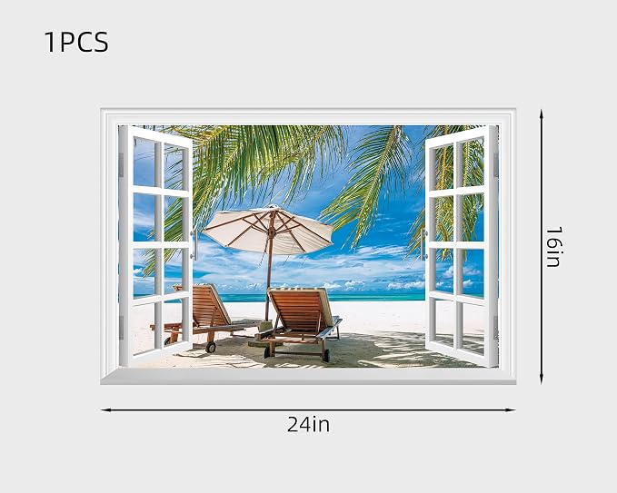 FLFK Fake Window Wall Decal - Ocean Beach Faux Window Wall Mural for Wall Decor, Peel and Stick Wall Sticker,24"x16" - Image 2