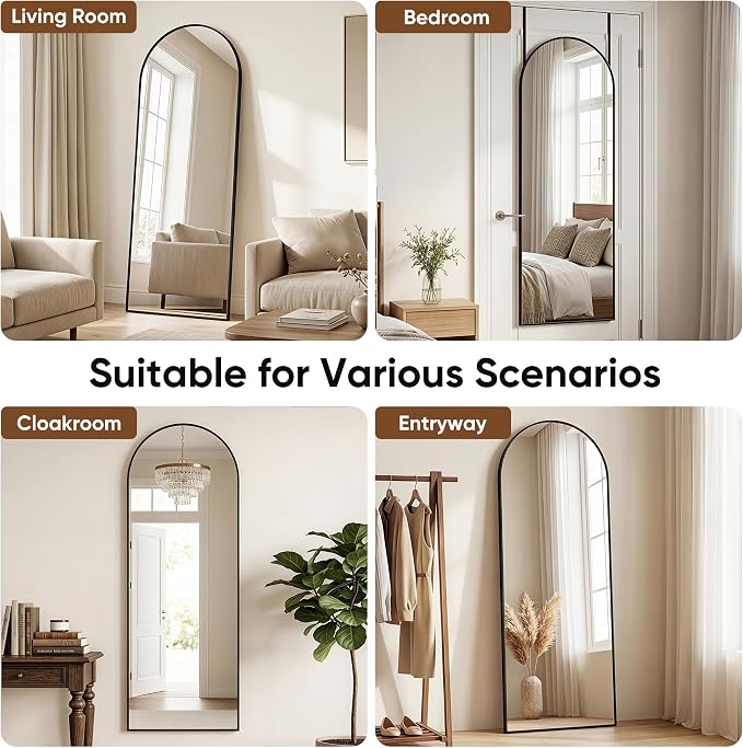 58"x20" Over The Door Mirror, Arched Full Length Mirror, Black - Image 8
