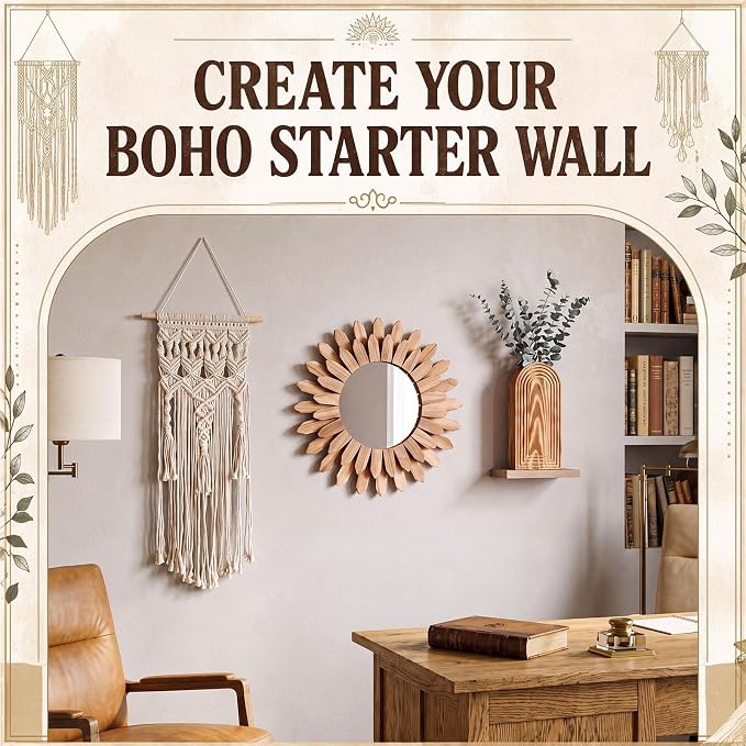 Novabright 9 Pcs Boho Decor Set Rustic Wood Boho Aesthetic Mirror Wooden Wall Vase Macrame Woven Wall Hanging 6 Pcs Eucalyptus Stems for Living Room Bedroom Home Party Wedding Decoration - Image 3