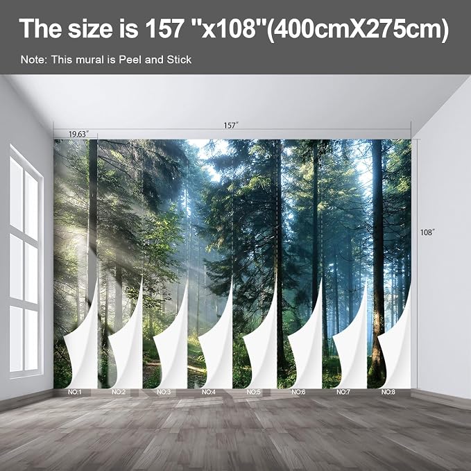 Forest Landscape Large wall murals Woodland Tree Peel and Stick self Adhesive Wallpaper for Bedroom Living Room - 108"x157" - Image 2
