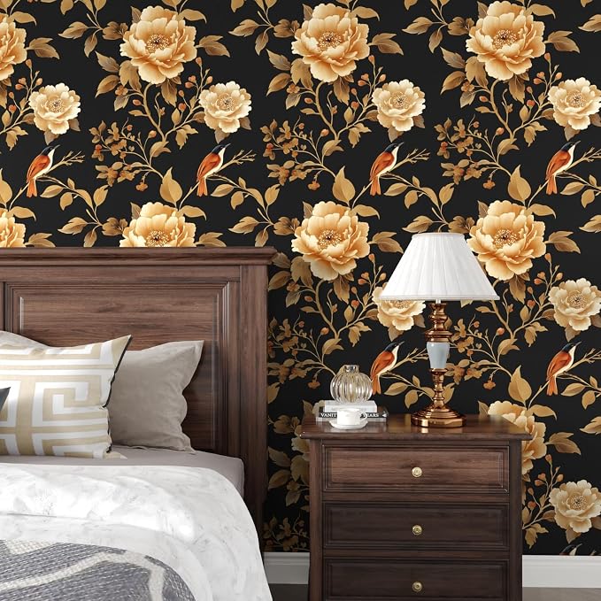 Laatse Dark Floral Bird Wallpaper Peel and Stick 17.5"x 118",Black/Golden | Self Adhesive/Removable/Waterproof/Thick Vinyl Contact Paper for Bathroom Bedroom Shelf Cabinet Drawer,Prepasted,Easy Peel - Image 2