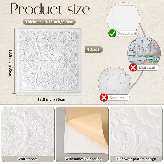 Nuanchu 40 Pcs 13.8 x 13.8 Inch Ceiling Tiles Peel and Stick, Flower | Foam White 3D Wall Panels 26-105.5 Sq. ft Adhesive Glue up Waterproof Wallpaper for DIY Office Home - Image 2