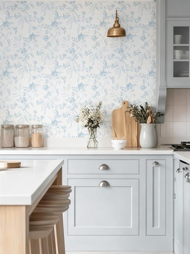 Dimoon 17.3''x385'' Blue Peel and Stick Wallpaper Floral Modern Light Blue Contact Paper White Bird Kitchen Wallpaper Removable Bathroom Renter Friendly Waterproof Embossed Bedroom Vinyl Roll - Image 4
