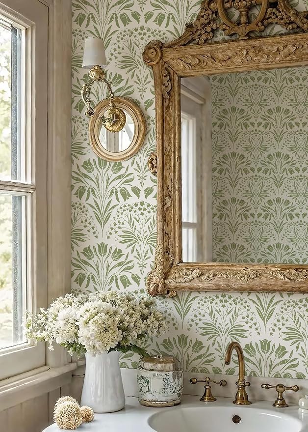Green Tulip Floral Peel and Stick Wallpaper Retro Green Contact Paper | 17.3in X 118in Vintage Tulip Flowers Self Adhesive Wallpaper Boho Botanical Removable Wallpaper for Livingroom Decor - Image 5