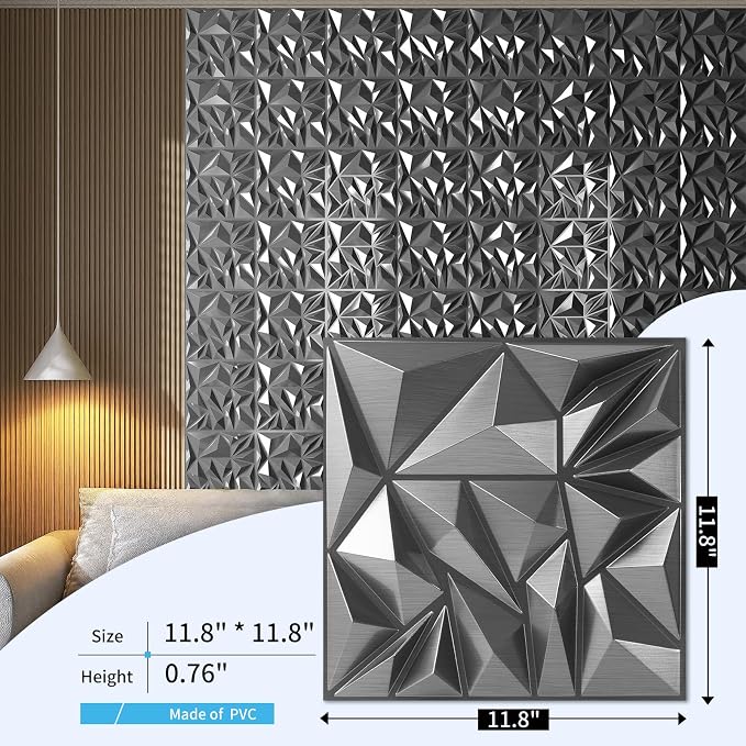 Art3d 33-Pack Modern Diamond Textured 3D Wall Panels, 12 x 12 in, Silver | Light PVC, Waterproof, Scratch Proof, Decorative Wall, Ideal for Home, Office & Commercial Spaces - Image 3