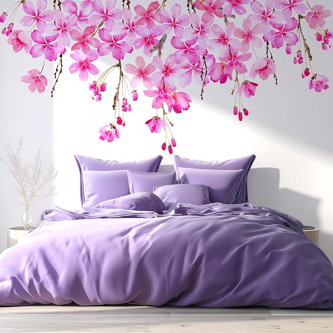 Cherry Blossom Flowers Wall Decals Peel and Stick, Large Floral Vinyl Wall Stickers, Removable Vine Home Decor Art for Bedroom Living Room Classroom Office - Image 7