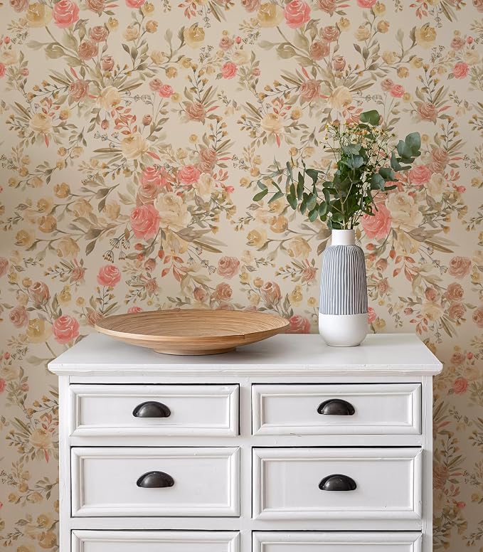 Vintage Floral Wallpaper Peel and Stick Pink Floral wallcovering Self-Adhesive Wallpaper for Cabinets and Drawers Bathroom Wallpapers (Pink Rose, 118" X 17.4") - Image 7
