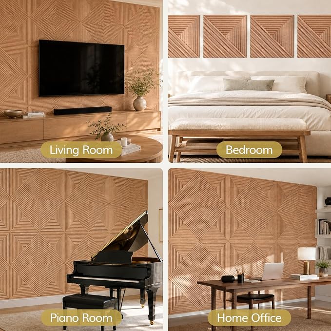 TONOR Acoustic Wall Panels Peel and Stick, 6 Pack 23.6''x23.6''-23.25 sq.ft. High-Density Acoustic Wood Panels Alternative. Soundproof Wall Panels for Interior Wall Decor, Home, Bedroom, Natural Oak - Image 8