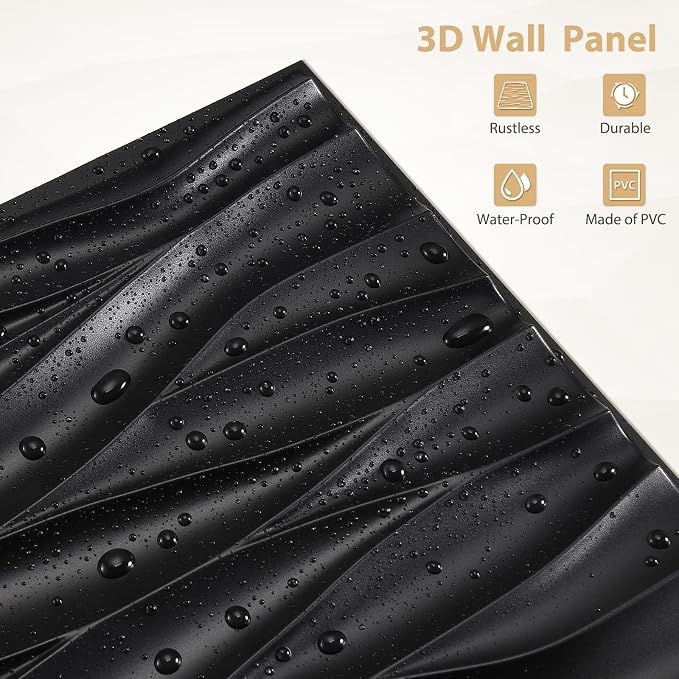Heikki 30 Pack 3D Wall Panel for Interior Wall Décor, PVC Flower Textured Wall Panels for Living Room Bedroom Hotel Office, 11.8"x11.8", Double-Sided Tape (Black-YZ) - Image 2