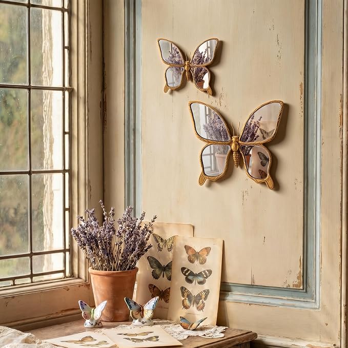 Fumete 2 Pcs Butterfly Mirror Wall Decor Vintage Gold Resin Insect Art Decorative Wall Mirror Retro Hanging Bug Animal Glass Mirrors Garden Nature Gift for Summer Wedding Home Accent Housewarming - Image 3