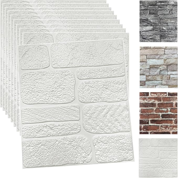 YU LI 3DH 3D Wall Panels Peel and Stick Faux Stone Wall Panel White 20-Pack Faux Brick Self-Adhesive Wallpaper 3D Foam Brick Wallpaper by YULI3DH