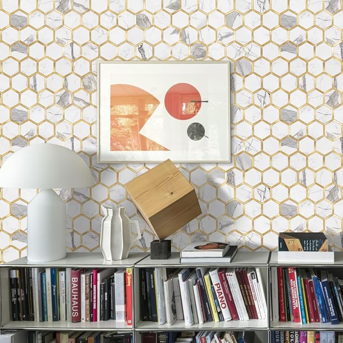 STICKGOO Hexagon Peel and Stick Backsplash Tile, Stick on Backsplash for Kitchen and Bathroom, Glossy Carrara White PVC Mixed Metal Gold Self Adhesive Wall Tiles(10 Sheets, Seamless) - Image 7