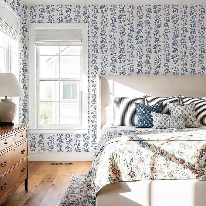 Ismoon Blue Wallpaper Peel and Stick Vintage Wallpaper 17.3in x 16.4ft Blue Leaf Contact Paper Vintage Cottage Wall Paper for Bedroom Bathroom Kitchen Nursery Removable Vinyl - Image 6