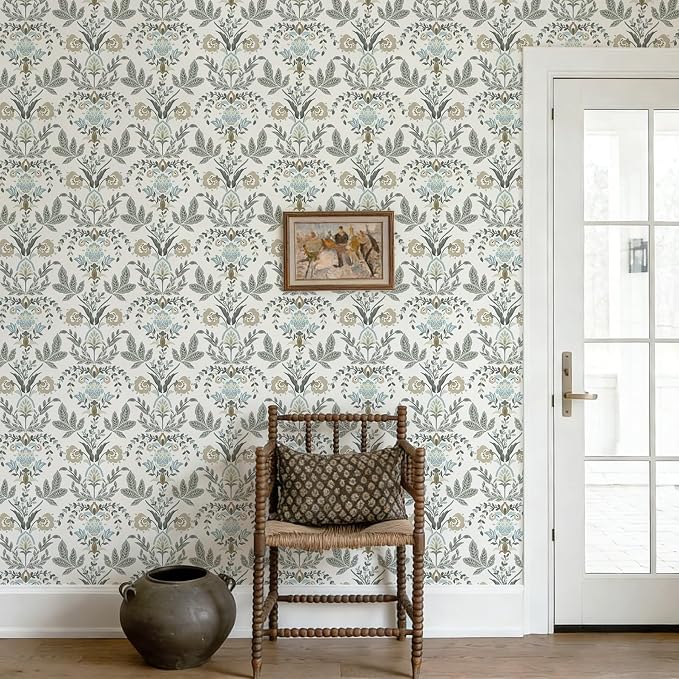 Dimoon Vintage Peel and Stick Wallpaper Boho Floral Leaf Contact Paper 197''x17.3'' Beige Grey Botanical Cottage Core Wallpaper Renter Friendly Damask Wall Paper for Bedroom Bathroom Decor Vinyl - Image 5