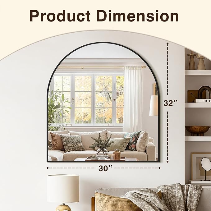 Arched Bathroom Vanity Mirror for Over Sink, 32”x30”, Black - Image 3