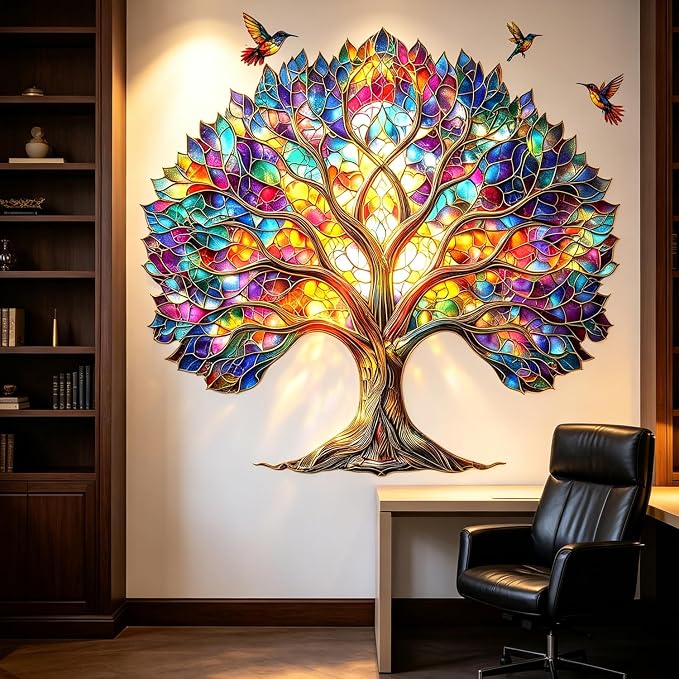 Stained Glass Tree of Life Birds Peel and Stick Wall Decals Decor Stickers | Vibrant colorful hummingbirds tree leaves roots removable vinyl wall art & murals for bedroom living room classroom office - Image 4