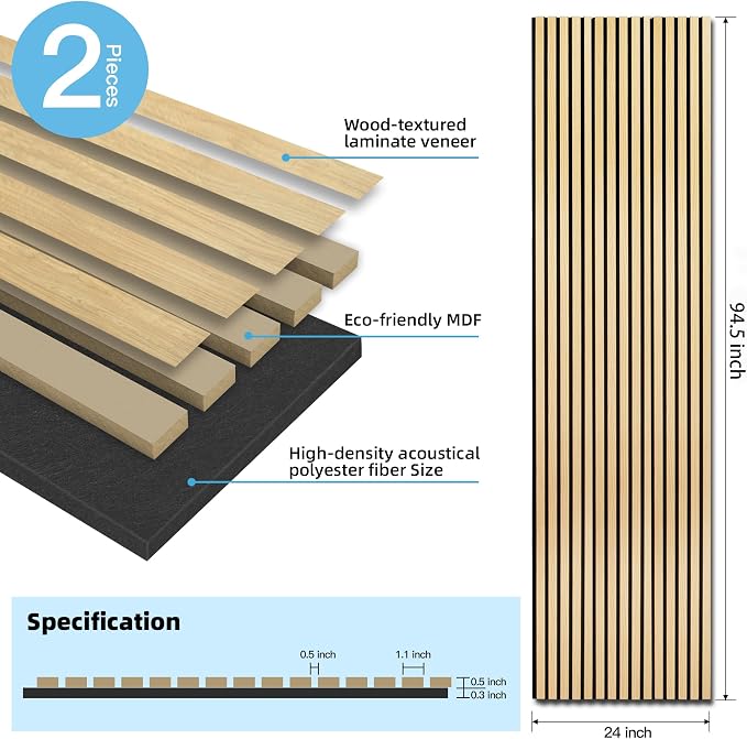 Art3d 2 Pack 94.5 x 24 inch Wood Slat Acoustic Panels for Wall & Ceiling - 31 sq.ft 3D Fluted Sound Absorbing Panel with Wood Finish, Oak - Image 2