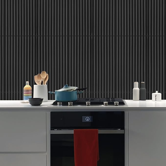 Select 5 Pack Peel and Stick Backsplash Tiles, Vinyl Self Adhesive Back | Back Splash Stick On Tiles for Kitchen & Bathroom, Linear Design 12" x 12" Wall Tiles, Black - Image 5