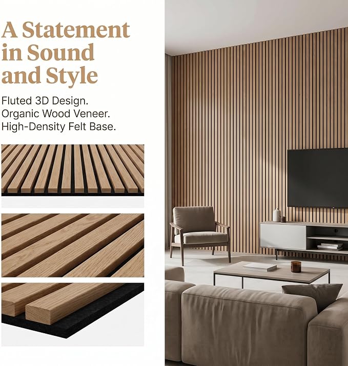 Wood Slat Acoustic Panels, 94.5 x 12.6 Inch, White Oak, 2 PCS | (16.5ft²) 3D Wall Panels, Interior Wall Decor Noise Cancelling, Fluted Sound Absorbing Panel for Office,Home,Theater,Studio - Image 8