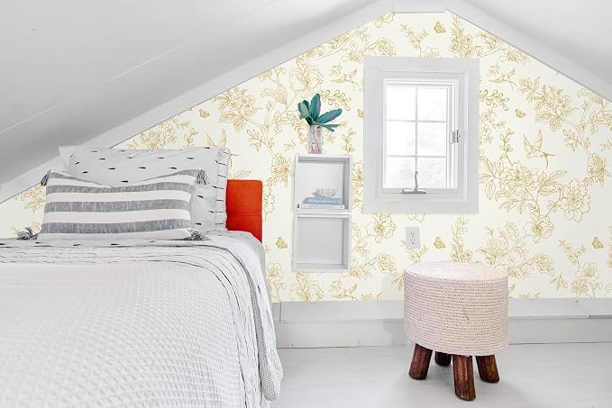 Froluya Cream White and Gold Floral Peel and Stick Wallpaper 17.7in×196.8in | Vintage Floral Birds Self Adhesive Wallpaper Boho Contact Paper Peel and Stick Removable Decorative Wall Paper for Cabinets - Image 7