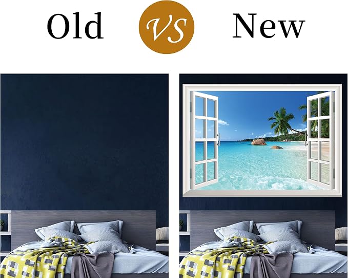FLFK Fake Window Wall Sticker - Summer Beach Faux Window Wall Mural for Wall Decor, Stick and Peel Wall Decals,16"x24" - Image 6