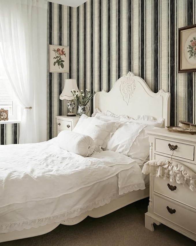 Safiyya Peel and Stick Wallpaper Black and Cream White 17.3"×393" Hand-Painted Striped Contact Paper Beige Vintage Wall Paper Self Adhesive Removable Wallpaper for Bedroom Bathroom Vinyl - Image 8