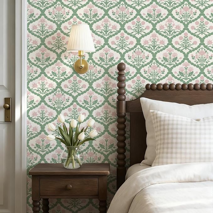 17.3" x 196.8" Pink Floral Wallpaper, Rattan Weaving Floral Peel and Stick Wallpaper Farmhouse Wall Paper Morris Style Removable Self Adhesive Bathroom Bedroom Thicken - Image 4