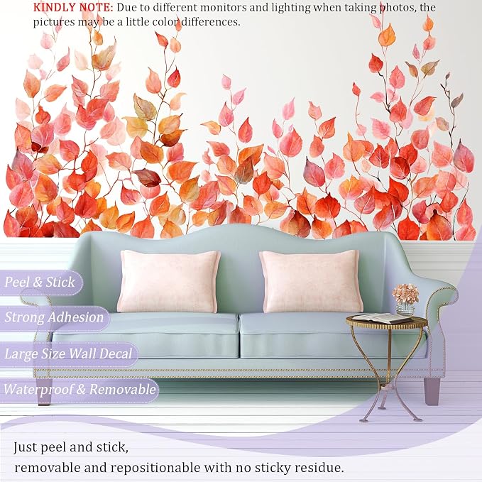 Autumn Leaves Wall Decals Peel and Stick, Large Leaves Vines Vinyl Wall Stickers, Removable Vine Home Decor Art for Bedroom Living Room Classroom Office - Image 3