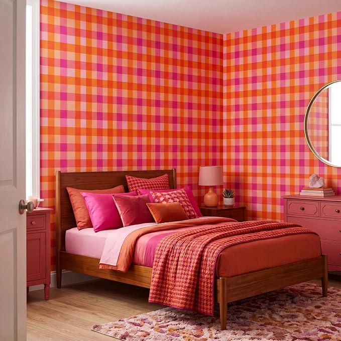 Drydiet Pink and Orange Plaid Wallpaper Peel and Stick 15.8 x 118.1 | Self Adhesive, Checkered Design, Easy Apply Remove, for Home Locker Dorm Classroom Living Room Decor - Image 5