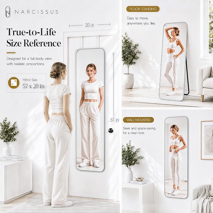 NARCISSUS Full Length Mirror 57x20 Inch, Over The Door Mirror with Stand, Wall Mounted or Freestanding/Door Hanging Full Body, Aluminum Alloy Frame, Silver - Image 3