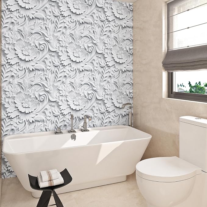 ReWallpaper Faux 3D Wall Panels Peel and Stick Wallpaper Modern Flat 3D Effect Wall Mural Removable Art Decor Gray Floral Ceiling Wallpaper for Bedroom Bathroom Waterproof Contact Paper 17.5inx10ft - Image 3