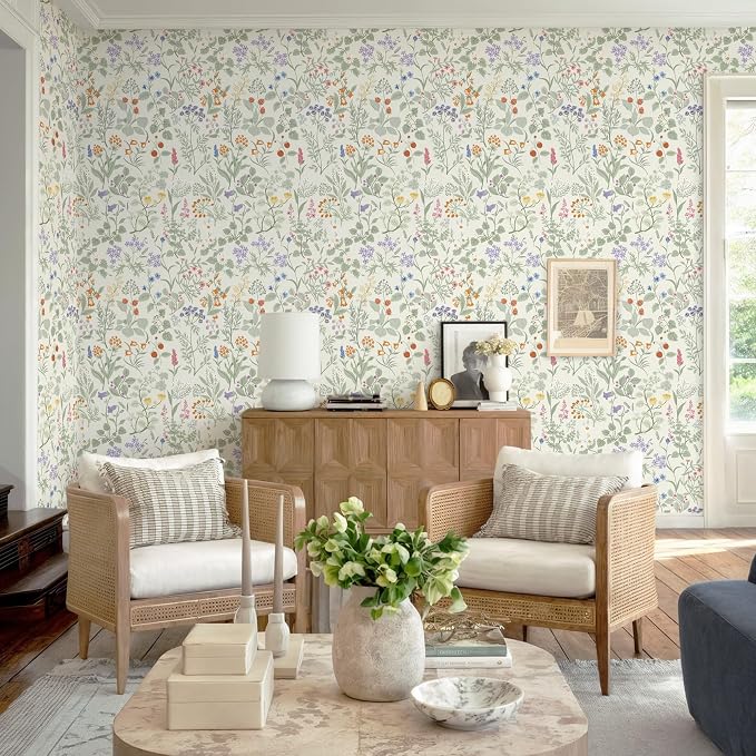 Dimoon Floral Wallpaper Peel and Stick Floral Leaves Contact Paper Beige Green Renter Friendly Wallpaper Removable Textured Farmhouse Cottage Wall Paper for Bathroom Bedroom Vinyl Roll 17.3" X 78.7" - Image 6
