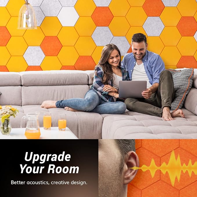 Self-adhesive Hexagon Acoustic Panels 12 Pack, TONOR 12"x 10"x 0.4" High Density Sound Proof Panels Tiles for Walls, Absorbing Noise and Eliminating Echoes Acoustic Foam for Home Studio Orange - Image 4