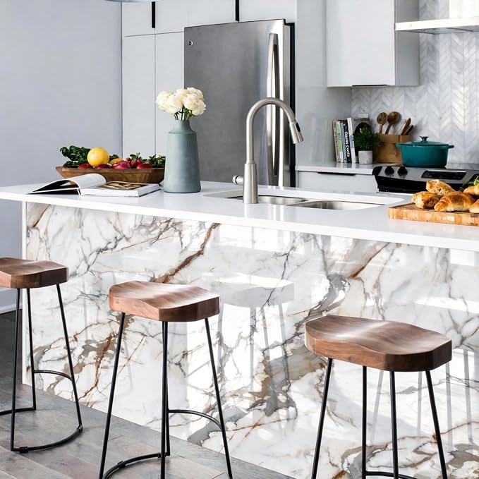 Marble Peel and Stick Waterproof Wall Paneling, 118" x 47" Calacatta Gold Glossy Finish Self-Adhesive Backsplash Tile Vinyl Wall Panel for Kitchen Bathroom Wall Decor, Covers 38.75 Sq. Ft. - Image 6