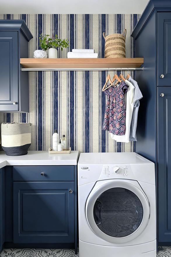 Safiyya Wallpaper Peel and Stick Blue and Cream White Hand-Painted Striped Contact Paper Vintage Wall Paper Self Adhesive Removable Wallpaper for Bedroom Bathroom Vinyl 17.3"×78.7" - Image 4