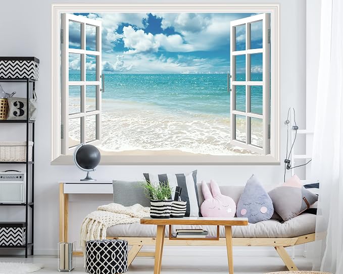 FLFK Fake Window Wall Sticker - Summer Beach Faux Window Wall Mural for Wall Decor, Stick and Peel Wall Decals,80"x60",Set of 5 Sheets - Image 4