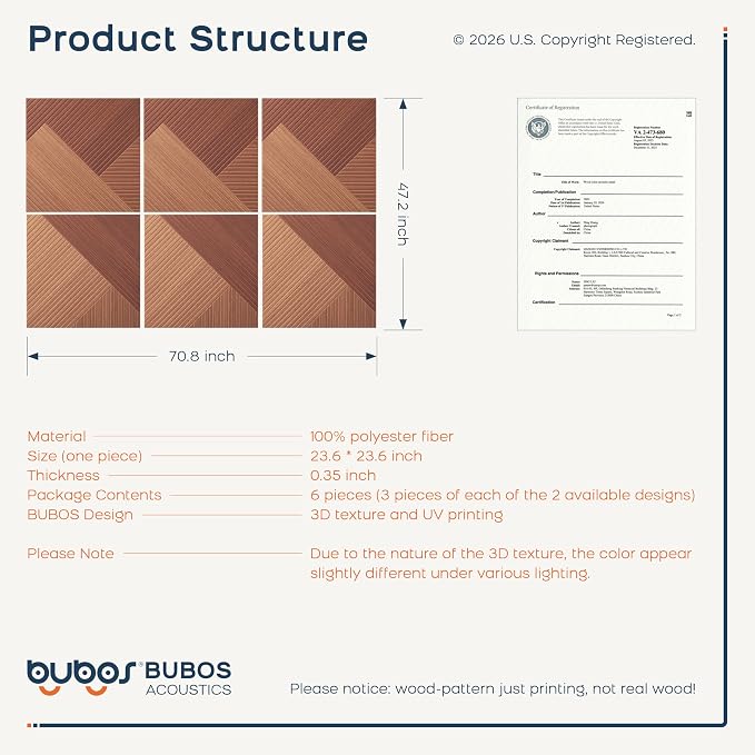 BUBOS 6-Pack Acoustic Panels, Wood Grain Sound Absorbing Panels, 23.6"x23.6" | Peel and Stick, for Home Office, Studio & Wall Decor Sound Treatment, Wall Panels for Noise Reduction & Stylish Room - Image 3