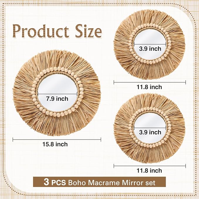 3 Pcs Boho Raffia Round Mirror Wall Hanging Decor with Wood Bead - Image 9