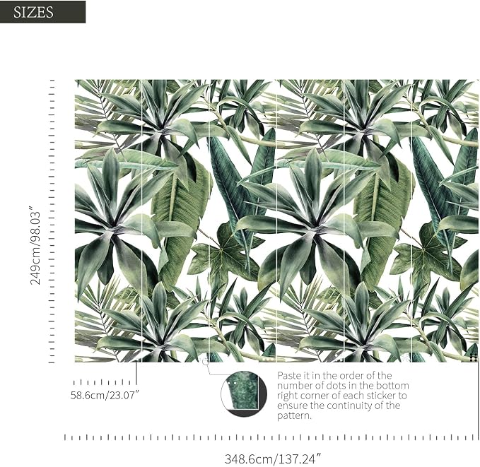 Tropical Peel and Stick Watercolor Green Leaves Wall Mural, Leather Textured Vintage Self-Adhesive Wallpaper for Bedroom Living Room Background Wall Decor, White Background, 137'' x 98'' - Image 3